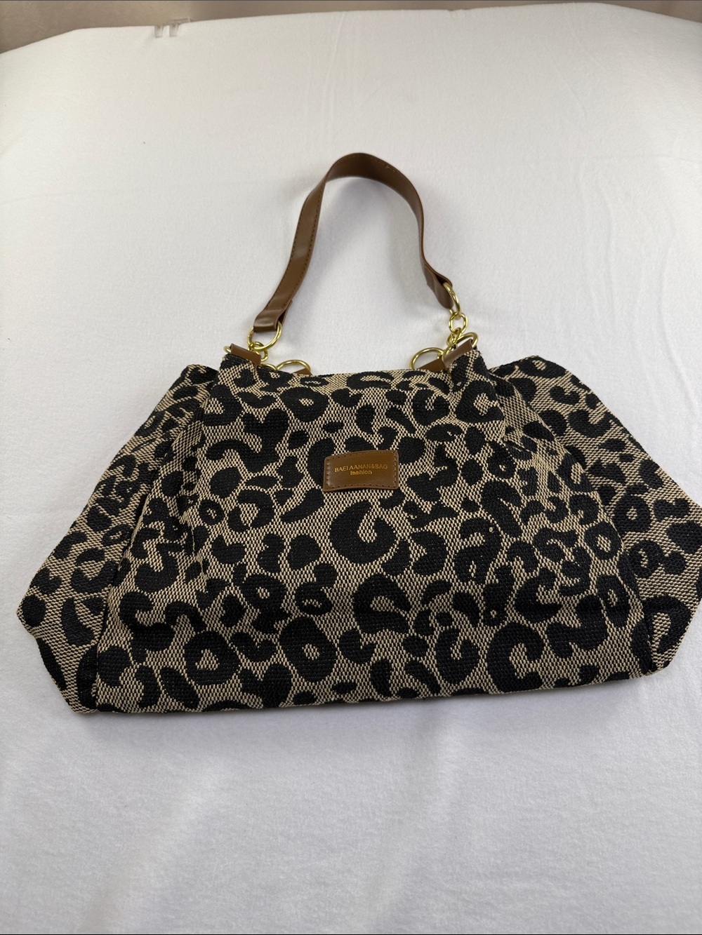 Leopard Print Tote Bag with Brown Leather Handles
